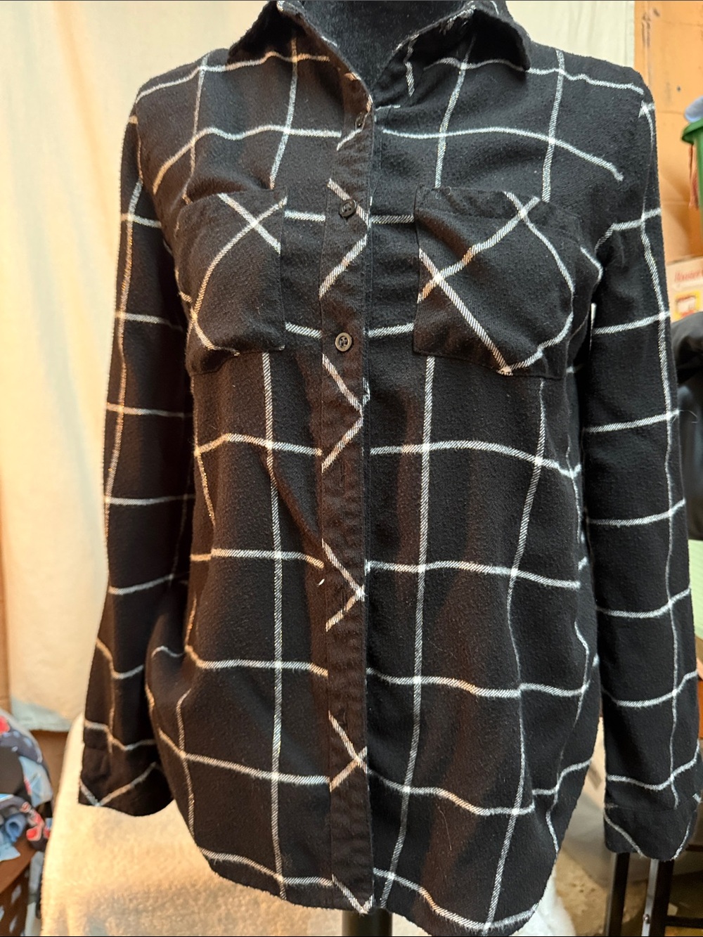 Black Windowpane Button-Down Shirt with Chest Pockets